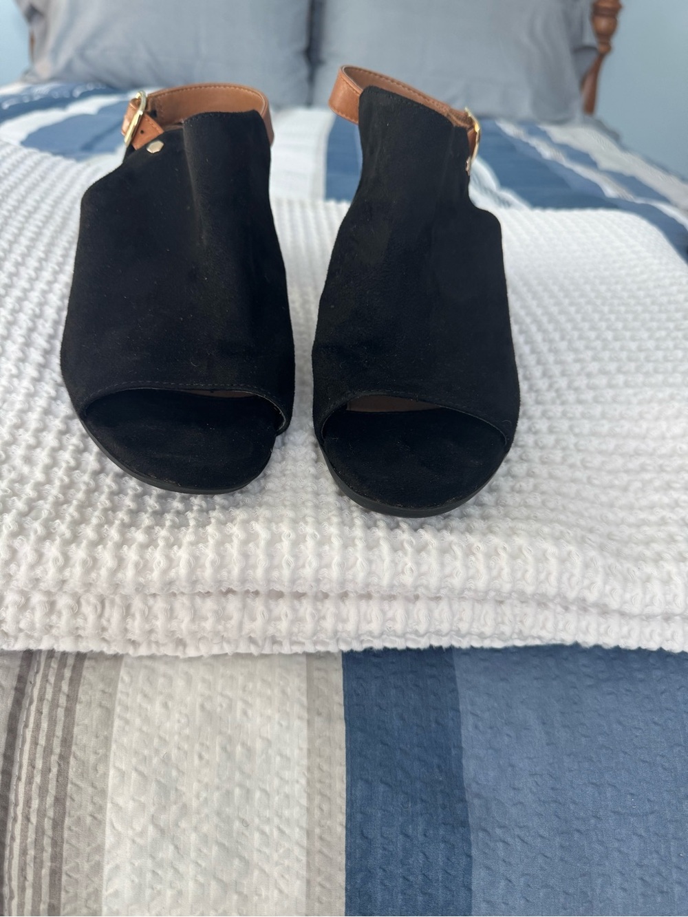Easy Spirit Black Suede Open-Toe Espadrille Wedges with Tan Strap